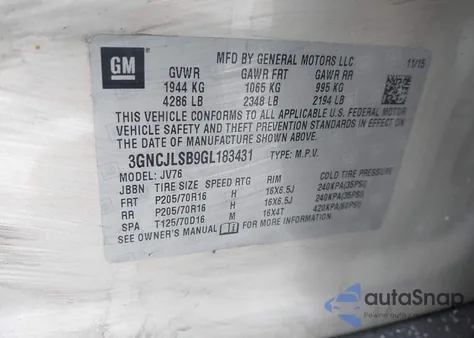 2016 Chevrolet Trax Lt from USA, damaged, VIN 3GNCJLSB9GL183431